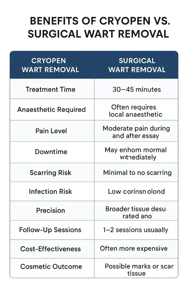 Table showing the benefits of cryopen to remove warts Milngavie compared to surgical treatment